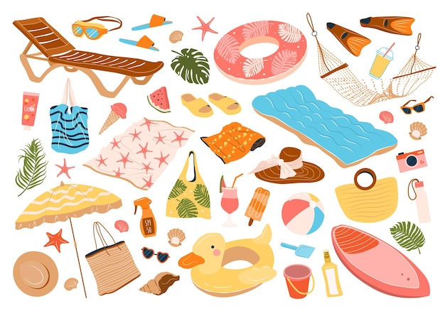 Set of beach accessories for swimming pool party vacation Hand drawn female accessories