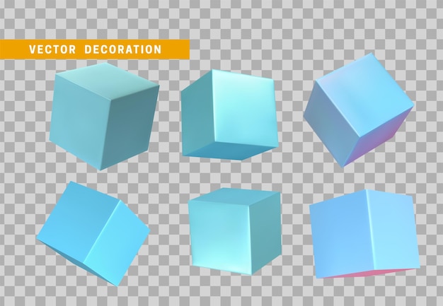 set of blue 3d square cubes. realistic design of geometric metal objects. vector illustration