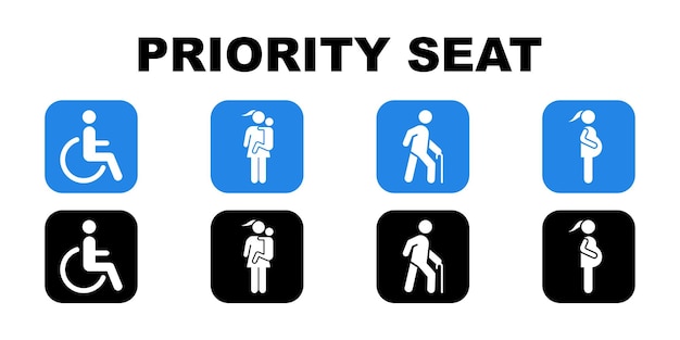 set of blue and black priority seat vector signs. priority seating for disability, pregnant woman.