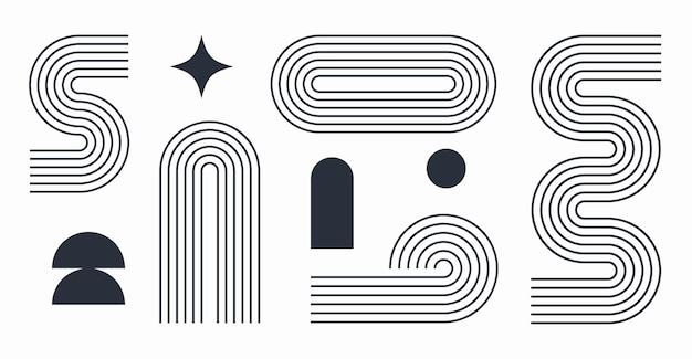 set of blue line boho geometric shape set abstract pattern design line art trendy bohemian style