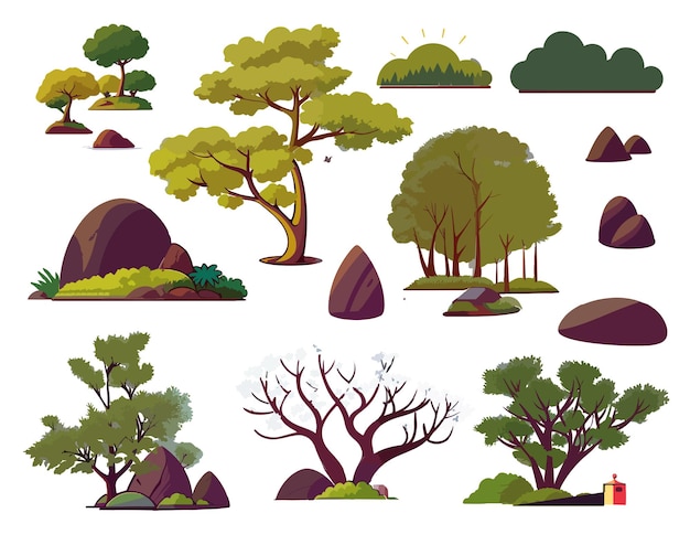 Set of bonsai Japanese trees Beautiful realistic tree garden stone plant Bonsai tree on the box Decorative little tree vector illustration Nature art