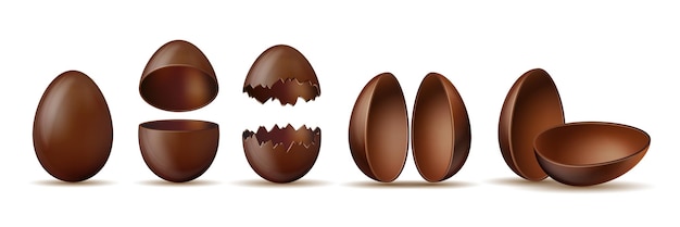 Set of Chocolate eggs Broken and cracked eggshell with halves and whole egg
