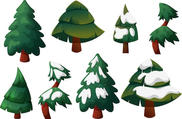 set of christmas trees fir trees on transparent background with snow and without