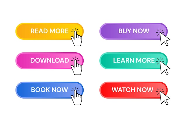 Set of colorful buttons with hand cursor and arrows