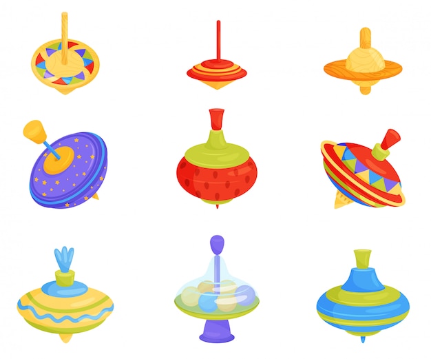   set of colorful children whirligig toys. Wooden and plastic spinning tops