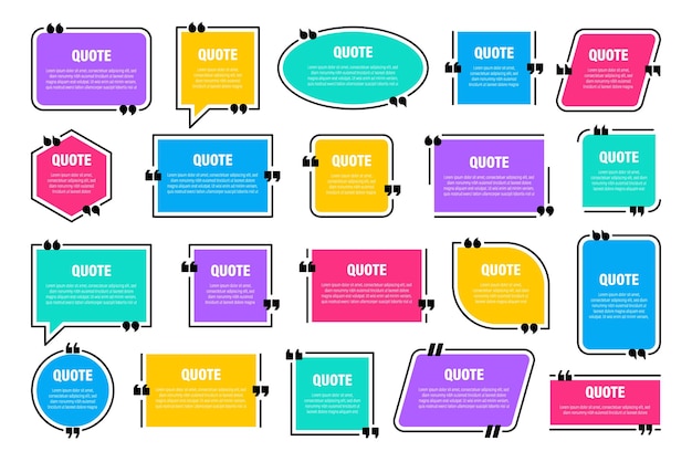 set of colorful isolated quote frames speech bubbles with quotation marks blank text box and quotes