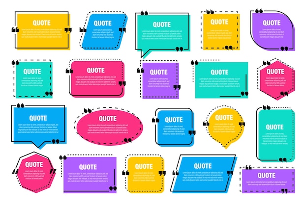 set of colorful isolated quote frames speech bubbles with quotation marks blank text box and quotes