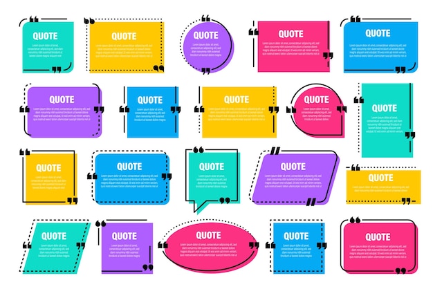 set of colorful isolated quote frames speech bubbles with quotation marks blank text box and quotes
