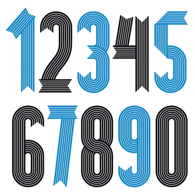 Set of cool stylish vector digits, modern numerals collection. Funky condensed bold numbers from 0 to 9 can be used in poster art. Created using stripy ornate, parallel lines.