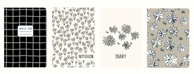 Set of cover page templates based on patterns with flowers in Ditzy style and gridlines Monochrome backgrounds for notebooks notepads diaries Headers isolated and replaceable