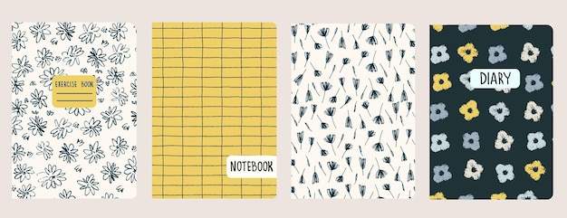 Set of cover page templates based on seamless patterns with viola and other flowers in Ditzy style and gridlines Backgrounds for notebooks notepads diaries Headers isolated and replaceable