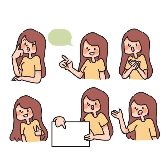 set of cute girl and text space emotions set and cartoon character