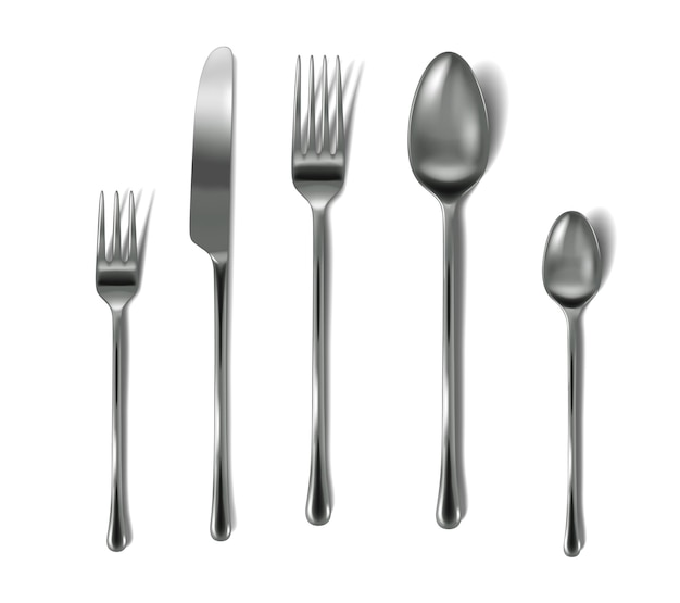 Set of cutlery realistic. silver forks, knife and spoons for tableware. silverware collection.