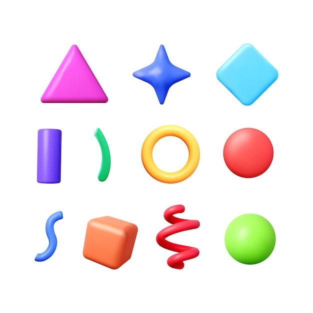 set of different 3d geometric shapes in various colors abstract basic design elements
