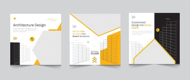 Set of editable minimal architecture social media post black and white square vector banner template