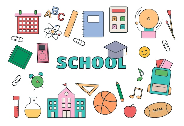Set of essential school elements on white background concept of internet education elearning digital