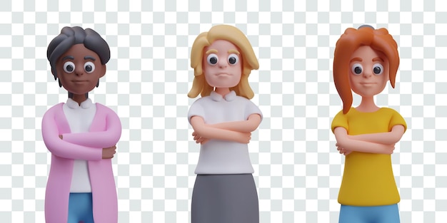 Set of female characters with crossed arms Women of all ages and races stand looking ahead