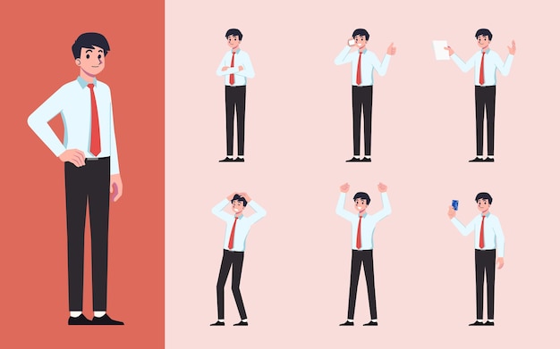 Set of Flat design businessman in many gesture isolated on white background Business people in different pose in workplace Character with separate body part for easy to animate in animation program