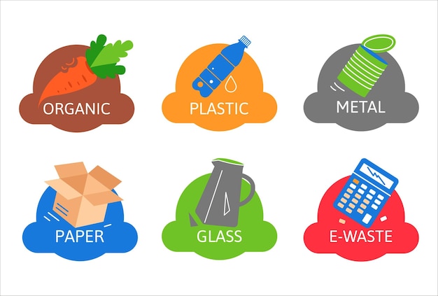 Set of flat icons for sorting garbage types of garbage