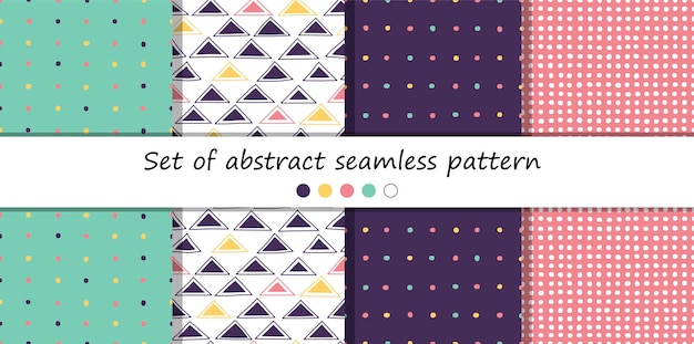 Set of four colorful doodle seamless pattern with triangles, dots.