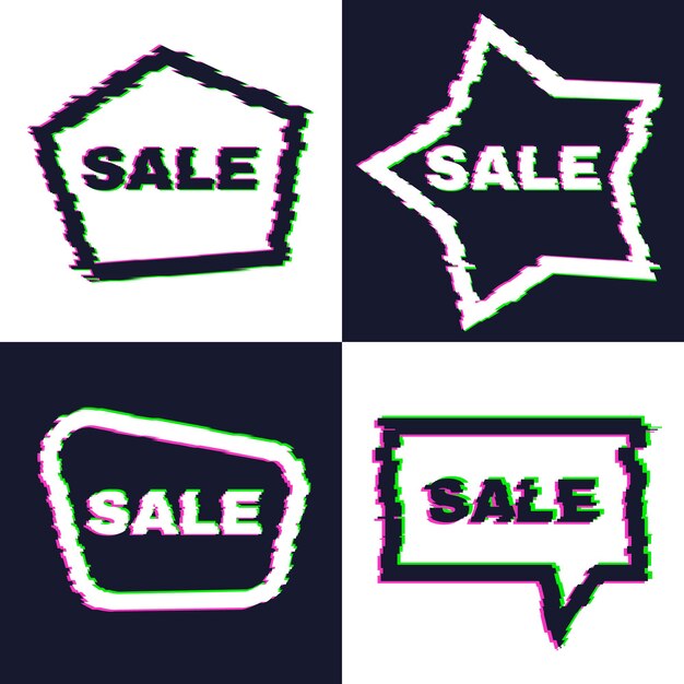 set of four distorted glitch sale banners with error effect on the edges and in text vector illustrationxa