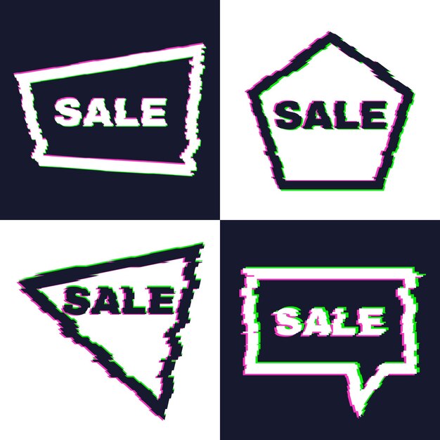 set of four distorted glitch sale banners with error effect on the edges and in text vector illustrationxa