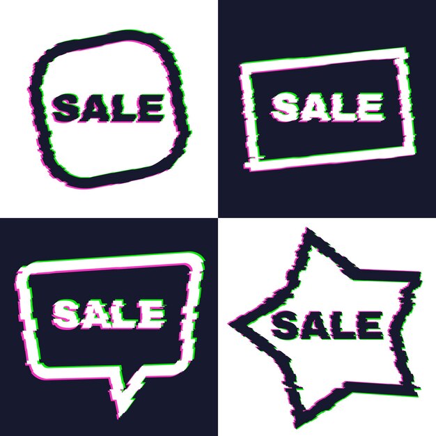 set of four distorted glitch sale banners with error effect on the edges and in text vector illustrationxa