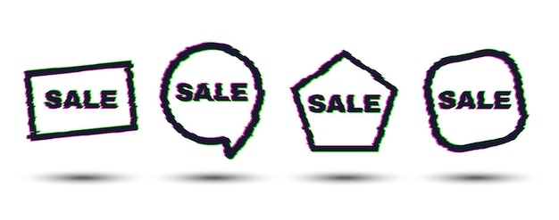 set of four geometric shapes and sale banners with glitch effect distortion frames with shadow on white background vector illustration