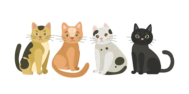 Set of four sitting cats in black orange brown and white great for animalthemed illustrations pet