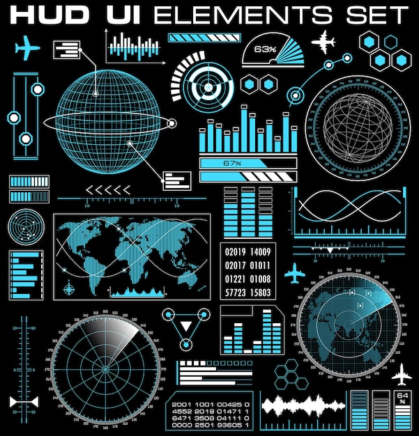 set of futuristic graphic user interface hud. infographic design ui elements and radar screens. vector illustration.