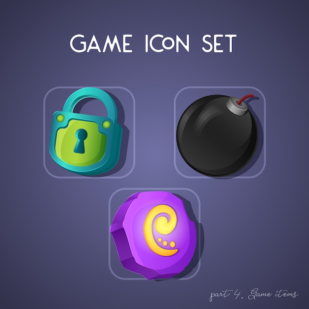 Set of game icon in cartoon style. Items: lock, bomb and runic stone. Bright design for app user interface.