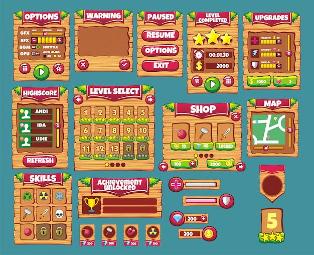 Set of game interface with buttons, status and element