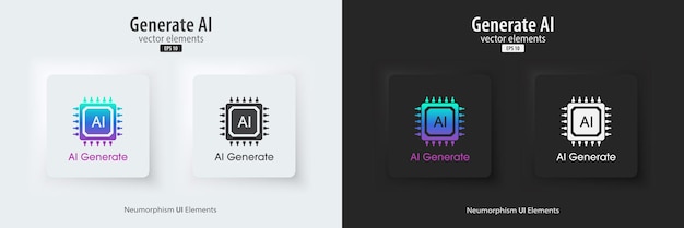 Set of generative AI square buttons Press the button to create ideas Neumorphism design style for apps websites and Interfaces Artificial intelligence technology Vector illustration