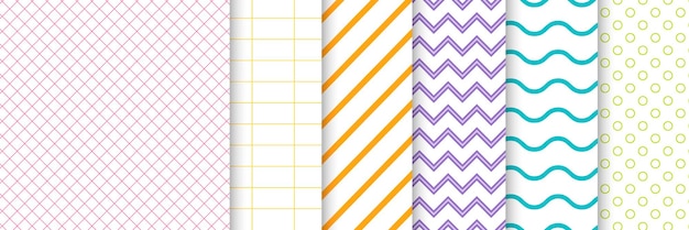 Set of geometric seamless line circle dots wave zigzag patterns in square colorful background