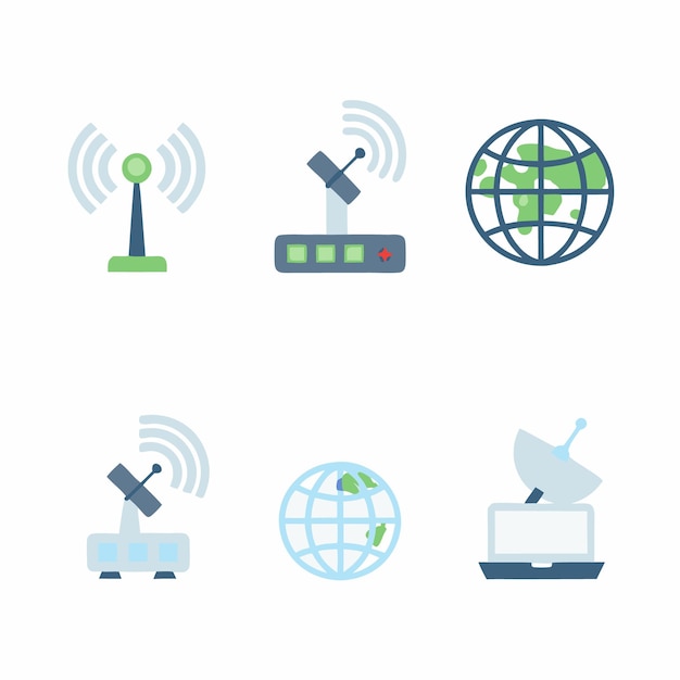 set of global communication satellite internet and network vector icons for technology themes
