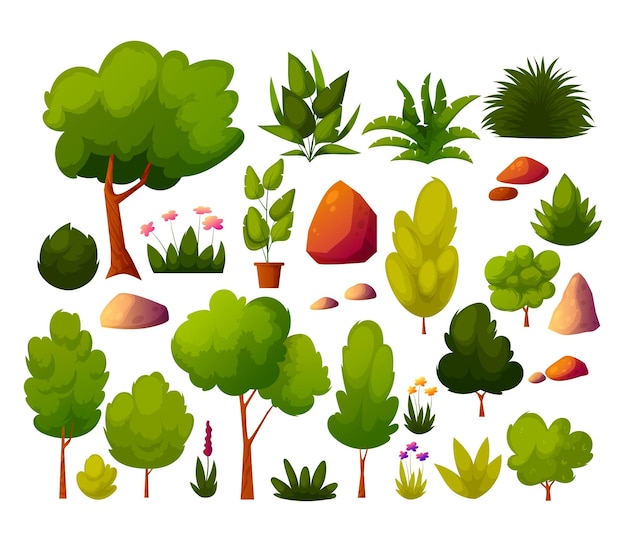 Set of green trees bushes grass stones blooming flower for landscaping the landscape of garden architecture backyard outdoors lawn Collection with decorative bushes Vector illustration