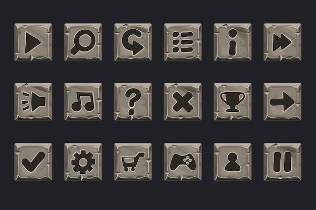 Set of Grey Stone Buttons for Web or Game. Icons on a separate layer