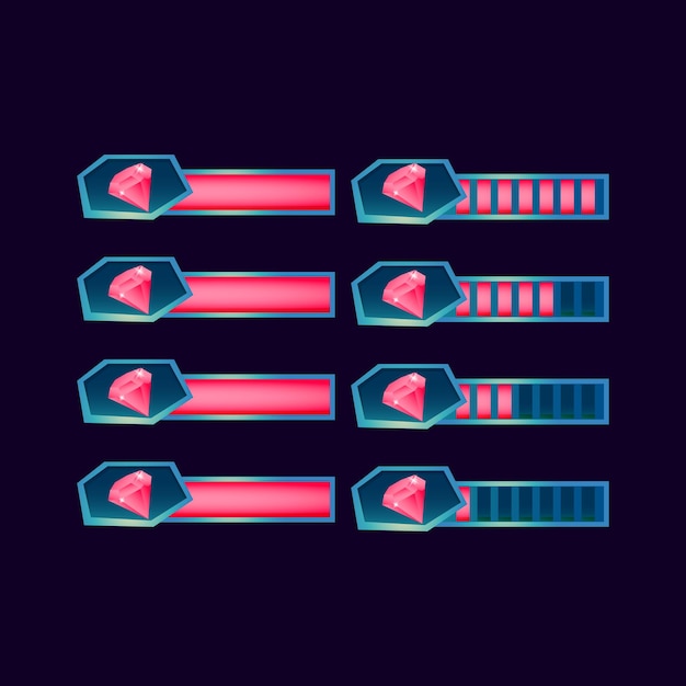 Set of gui fantasy glossy gems diamond progress bar for game ui asset elements