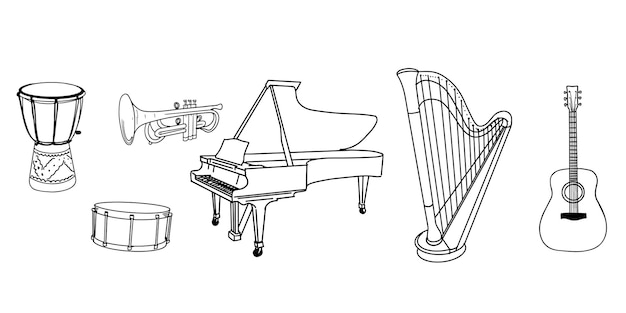 Set of Hand drawn music doodles, instruments isolated on white background. vector illustration.