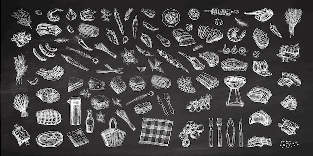 Set of hand drawn sketches of barbecue and picnic elements meat on chalkboard background