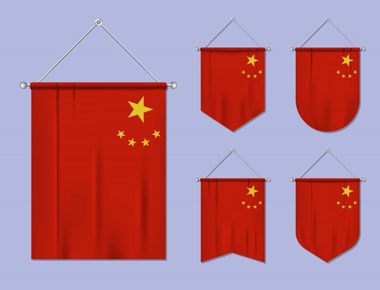 Set of hanging flags China with textile texture. Diversity shapes of the national flag country. Vertical template pennant  