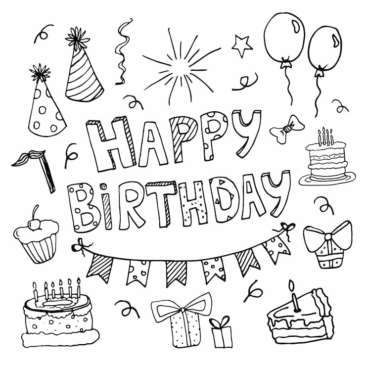 Vektor set of happy birthday doodles sketch of party decoration gift box cake party hats hand drawn vector illustration isolated on white background