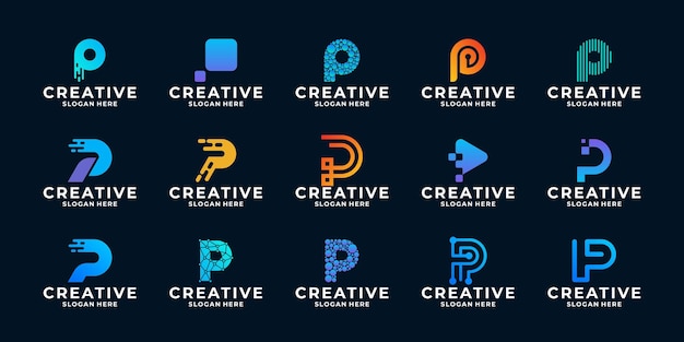 Set of initial letter P modern digital technology logo design
