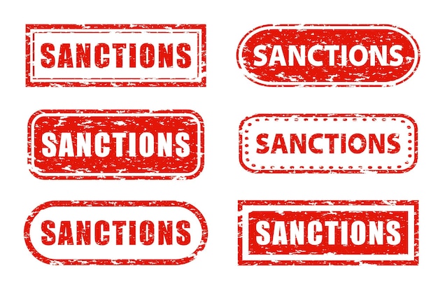 Set of isolated distressed red SANCTIONS rubber stamps Geopolitics conflict Warfare Global trade fee