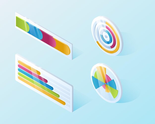 Set of isolated isometric infographic design element graph or pie chart with scales