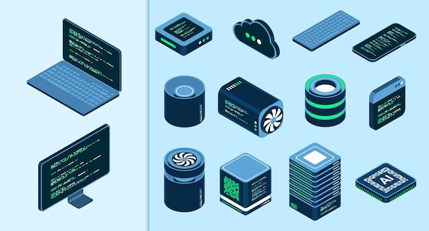 Set of isometric computer technology Isometric set server equipment Technology isometric icons Digital technology items Isometric technology