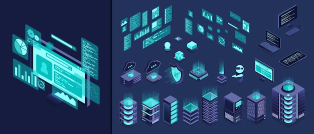 Set of isometric computer technology Isometric set server equipment Technology isometric icons Digital technology items Isometric technology