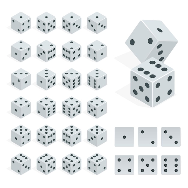 set of isometric dice combination. white poker cubes vector isolated. collection of gambling app and casino template