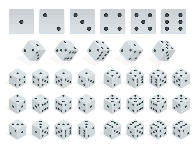 set of isometric dice combination. white poker cubes vector isolated. collection of gambling app and casino template