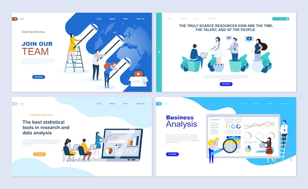 set of landing page template for business app, data analysis, career, teamwork.